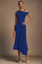 Load image into Gallery viewer, Paulina Oblique Shoulder Sleeveless Folds RoyalBlue Midi Dress