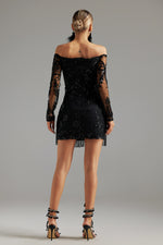 Load image into Gallery viewer, Ludia Lace Sequins Off Shoulder Fringe Mini Dress