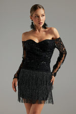 Load image into Gallery viewer, Ludia Lace Sequins Off Shoulder Fringe Mini Dress
