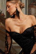 Load image into Gallery viewer, Ludia Lace Sequins Off Shoulder Fringe Mini Dress