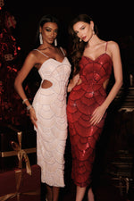 Load image into Gallery viewer, Teresa Pearl Sequin Midi Dress- Red
