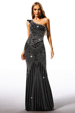 Load image into Gallery viewer, Ferina Skew Collar Diamond Maxi Dress