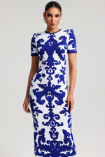 Load image into Gallery viewer, Lerae Round Neck Short Sleeve Jacquard Bandage Maxi Dress