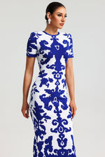 Load image into Gallery viewer, Lerae Round Neck Short Sleeve Jacquard Bandage Maxi Dress