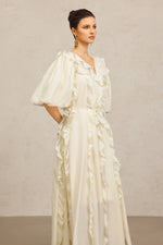 Load image into Gallery viewer, Wika V-Neck Elbow Sleeves Folds Beige Maxi Dress