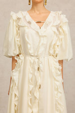Load image into Gallery viewer, Wika V-Neck Elbow Sleeves Folds Beige Maxi Dress
