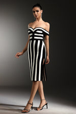 Load image into Gallery viewer, Perly Off The Shoulder Sleeveless Stripes Slit Bandage Maxi Dress