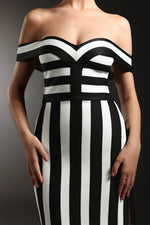 Load image into Gallery viewer, Perly Off The Shoulder Sleeveless Stripes Slit Bandage Maxi Dress