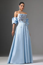 Load image into Gallery viewer, Winni Off-Shoulder Floral Embroidered High Slit Maxi Dress