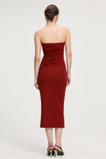 Load image into Gallery viewer, Ruched Strapless Crepe Midi Dress
