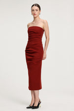 Load image into Gallery viewer, Ruched Strapless Crepe Midi Dress