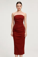 Load image into Gallery viewer, Ruched Strapless Crepe Midi Dress