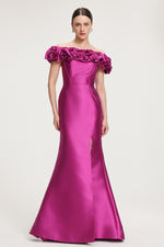 Load image into Gallery viewer, Rose-Embellished Satin Off-Shoulder Maxi Dress