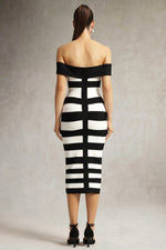 Load image into Gallery viewer, Korasa Off Shoulder Symmetrical Stripe Bandage Midi Dress