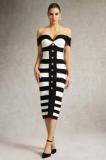 Load image into Gallery viewer, Korasa Off Shoulder Symmetrical Stripe Bandage Midi Dress