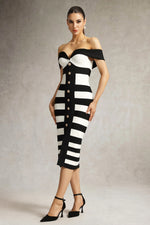 Load image into Gallery viewer, Korasa Off Shoulder Symmetrical Stripe Bandage Midi Dress