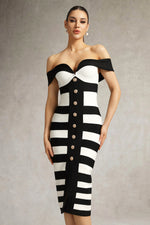 Load image into Gallery viewer, Korasa Off Shoulder Symmetrical Stripe Bandage Midi Dress