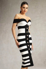 Load image into Gallery viewer, Korasa Off Shoulder Symmetrical Stripe Bandage Midi Dress