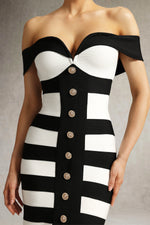 Load image into Gallery viewer, Korasa Off Shoulder Symmetrical Stripe Bandage Midi Dress