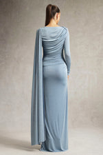 Lade Bild in die Galerieansicht, Tihila Maxikleid mit langen Ärmeln und Raffungen in Blau