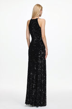 Load image into Gallery viewer, Glamorous Contour Sleeveless Feather Sequin High Slit Velvet Maxi Dress