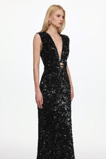 Load image into Gallery viewer, Chic Contour Sleeveless Deep V Metal Buckle Sequin Velvet Maxi Dress