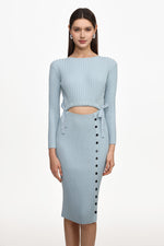 Lade Bild in die Galerieansicht, Viomo Chic Contour Round Neck Long Sleeve Buttoned Knit Midi Dress