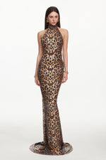 Load image into Gallery viewer, Myka Glamorous Contour Halter Leopard Print Sequin Maxi Dress