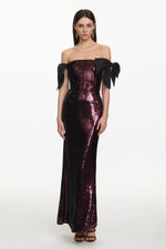 Load image into Gallery viewer, Uzaco Glamorous Contour Off Shoulder Bow Sequin Maxi Dress