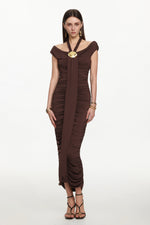 Load image into Gallery viewer, Devere Elegant Contour Sleeveless Ruched Knit Brown Maxi Dress