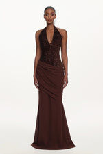 Load image into Gallery viewer, Theodora Chic Contour V Neck Halter Ruched Sequin Maxi Dress