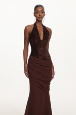 Load image into Gallery viewer, Theodora Chic Contour V Neck Halter Ruched Sequin Maxi Dress