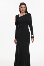 Load image into Gallery viewer, Luysa Elegant Contour One Shoulder Ruched Knit Black Maxi Dress