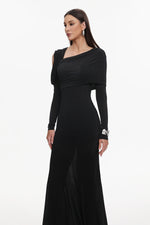 Load image into Gallery viewer, Luysa Elegant Contour One Shoulder Ruched Knit Black Maxi Dress