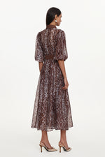 Load image into Gallery viewer, Vakana Resort Flowy Puff Sleeve Floral Woven Brown Maxi Dress