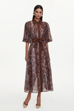 Load image into Gallery viewer, Vakana Resort Flowy Puff Sleeve Floral Woven Brown Maxi Dress