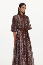 Load image into Gallery viewer, Vakana Resort Flowy Puff Sleeve Floral Woven Brown Maxi Dress