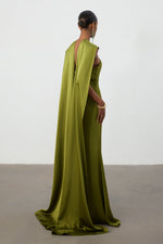 Load image into Gallery viewer, Olive Green Satin Cape Column Gown