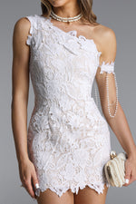Load image into Gallery viewer, Spola Romantic Tailored One Shoulder Pearl Chain Lace Mini Dress