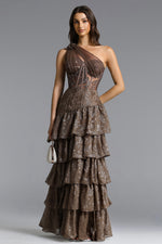 Load image into Gallery viewer, Hedar Romantic Tailored One Shoulder Cut Out Ruffle Embellished Sequin Maxi Dress