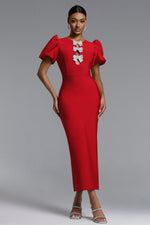 Load image into Gallery viewer, Lazze Romantic Contour Puff Sleeve Bow Bandage Maxi Dress