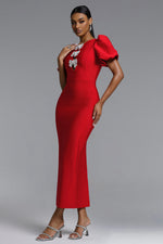 Load image into Gallery viewer, Lazze Romantic Contour Puff Sleeve Bow Bandage Maxi Dress