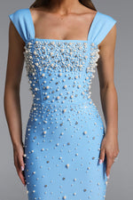 Load image into Gallery viewer, Vafa Glamorous Contour Square Neck Pearl Rhinestone Bandage Maxi Dress