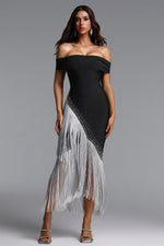 Load image into Gallery viewer, Tata Chic Contour Off Shoulder Fringe Bandage Maxi Dress