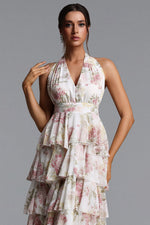 Load image into Gallery viewer, Silas Romantic Flowy Halter Deep V Tiered Ruffle Floral Print Maxi Dress