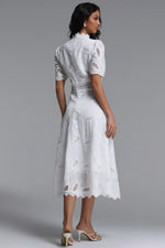 Load image into Gallery viewer, Stretchy Resort Cinched Short Sleeve Embroidered Floral Lace Woven Midi Dress