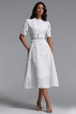 Load image into Gallery viewer, Stretchy Resort Cinched Short Sleeve Embroidered Floral Lace Woven Midi Dress