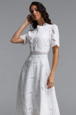 Load image into Gallery viewer, Stretchy Resort Cinched Short Sleeve Embroidered Floral Lace Woven Midi Dress