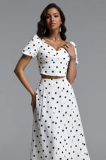 Load image into Gallery viewer, Islay Resort Flowy Puff Sleeve Polka Dot Ruched Woven Top and Skirt Two Piece Set