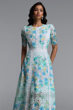 Load image into Gallery viewer, Pillose Resort Cinched Round Neck Short Sleeve Floral Print Lace Green Maxi Dress